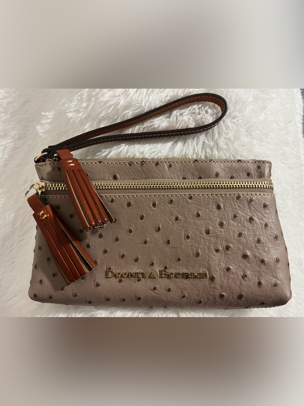 Dooney & Bourke Taupe Ostrich-Embossed Wristlet with Brown Tassels